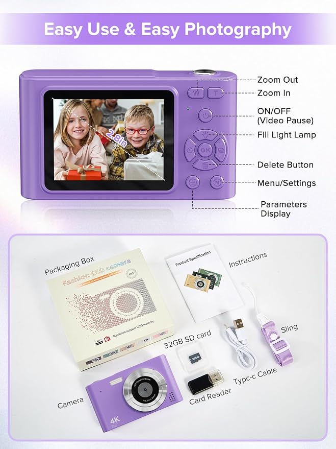 Digital Camera, Kids Camera1080P, Vlog Camera with 64GB Card, 16X Zoom Anti Shake, Card Reader, 44MP Compact Portable Small Point Shoot Digicam Gift for Kid Student Children Teen Girl Boy(Pruple)