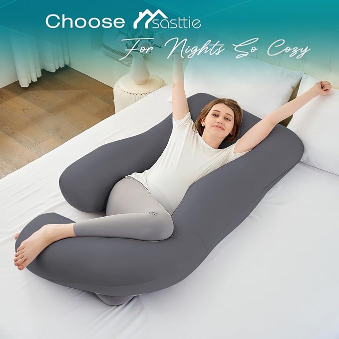 Sasttie Pregnancy Pillows for Sleeping, U Shaped Cooling Full Body Pillow with Removable Cover, Pregnant Women Must Haves, Maternity Essential, Dark Grey