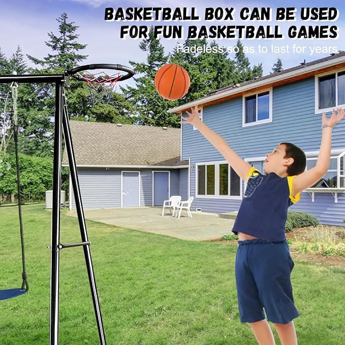 4-in-1 Heavy Duty Swing Set for Backyard – Large Metal Frame with Saucer Swing, Sandbox, Basketball Hoop & Single Swing Seat | Toddler to Kids Play Equipment | Outdoor & Indoor Use | Kids Gift