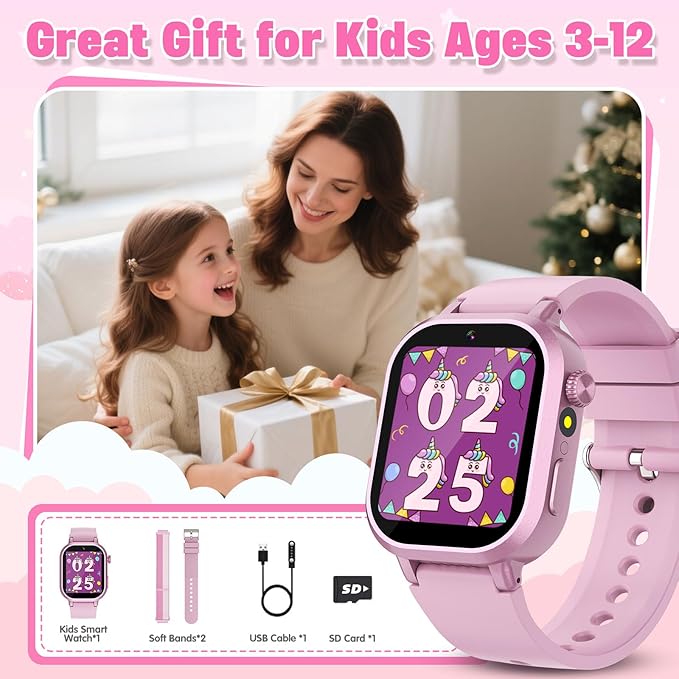 Kids Waterproof Smart Watch Girls Gift Age 3-12 with 39 Game HD Touch Screen Music Player Video Camera Pedometer Alarm Clock Birthday Gift for 6 7 8 9 Year Olds Pink