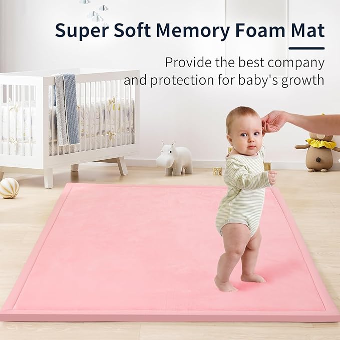 ACOMOPACK Baby Play Mat for Floor 1.3" Thick Memory Foam Play Mat 39"×59" Tummy Time Crawling with Non-Slip Bottom for Living Room,Nursery,Soft Velvet Playpen Mats for Kids,Infants(Pink)