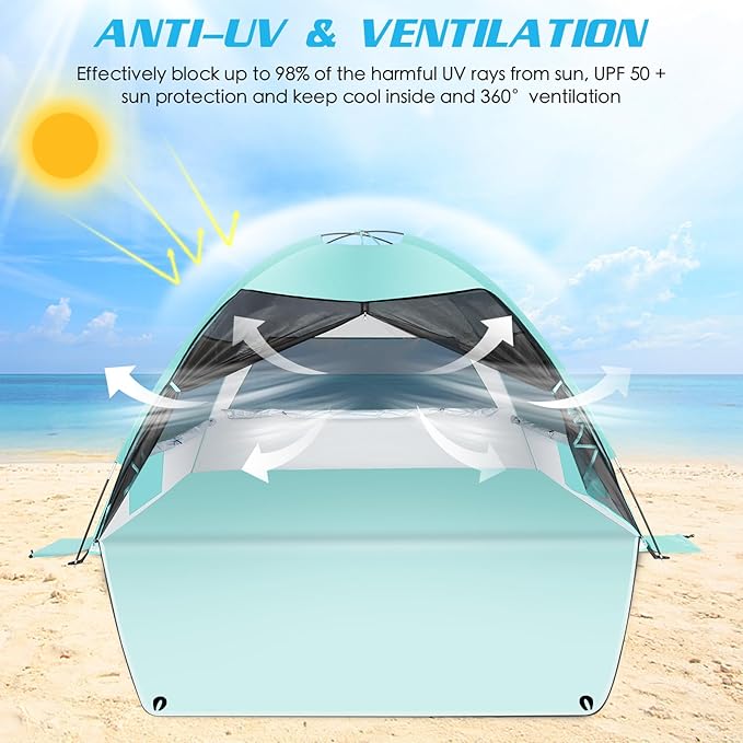 Large Easy Setup Beach Tent,Anti-UV Beach Shade Beach Canopy Tent Sun Shade with Extended Floor & 3 Mesh Roll Up Windows Fits 3-4 Person,Portable Shade Tent for Outdoor Camping Fishing (Mint Green)