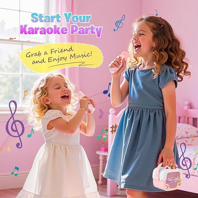 Mini Karaoke Machine for Kids Girls: Unicorn Portable Bluetooth Speakers with 2 Wireless Mic Birthday Gifts for 5 6 7 8 9 10 11 Years Teens Toys for Girls Age 4-6 7 8 9 Years Old Girl Gifts Pink