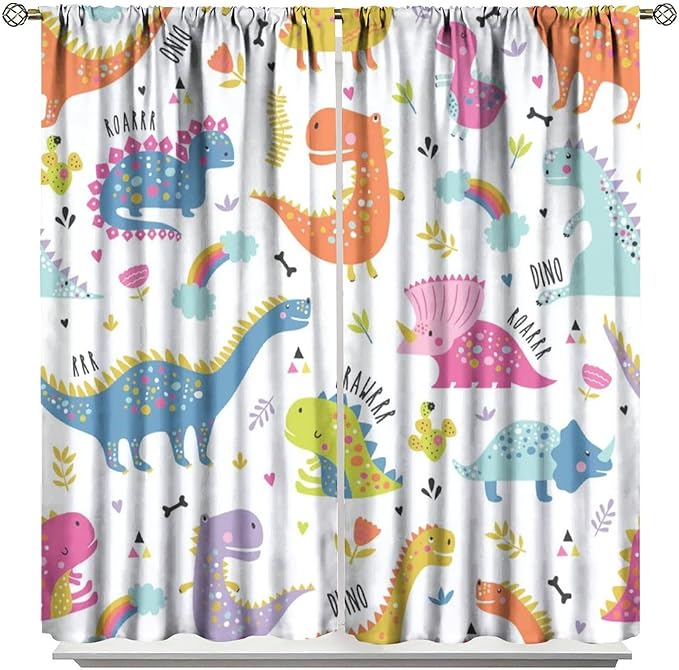 Cartoon Dinosaur Curtains for Kids Boys Girls Home Decor Childish Cute Dino Animals Print Pattern Rod Pocket Blackout Window Drapes for Nursery Baby Bedroom Playroom W31.5xL72in 2 Panels