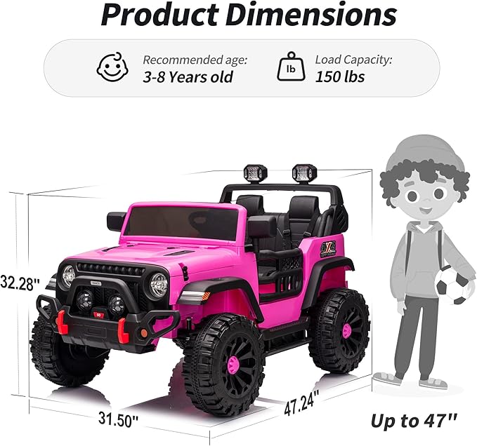 2 Seater Ride on Car Truck, 12V Kids Electric Ride on Toy for Big Kids Age 3-8 w/Remote Control- Hot Pink