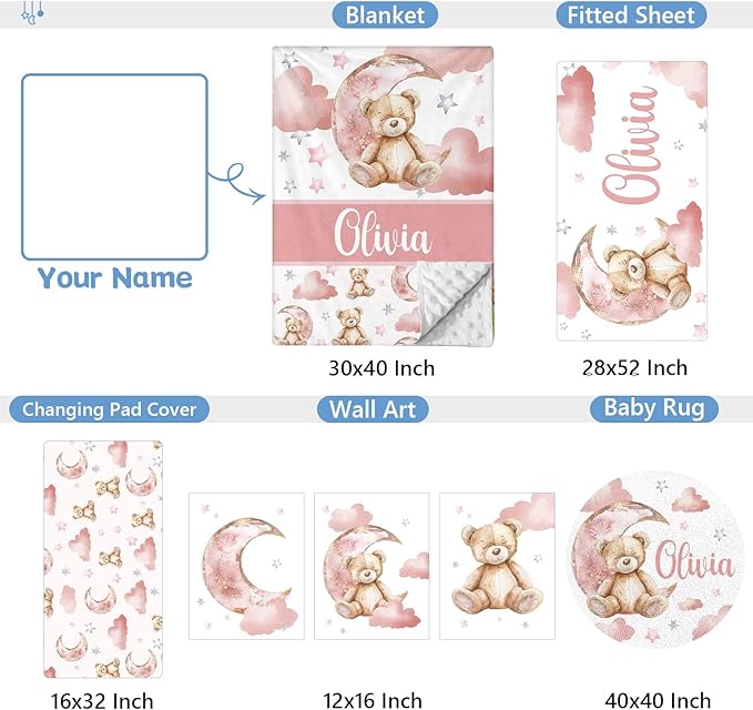 Custom Baby Crib Set, 5 Pcs Personalized Name Pink Bear Theme for Infants Toddlers, Nursery Bedding for Girls, Double Layer Customized Gifts