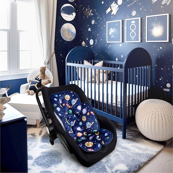 Pea Pod Baby Car Seat Head Support for Newborn, 2 in 1 Infant Car Seat Head Body Support for Boys Extra Soft Breathable Baby Car Seat Cushion Insert for Strollers, Swings, and Bouncers, Blue Space