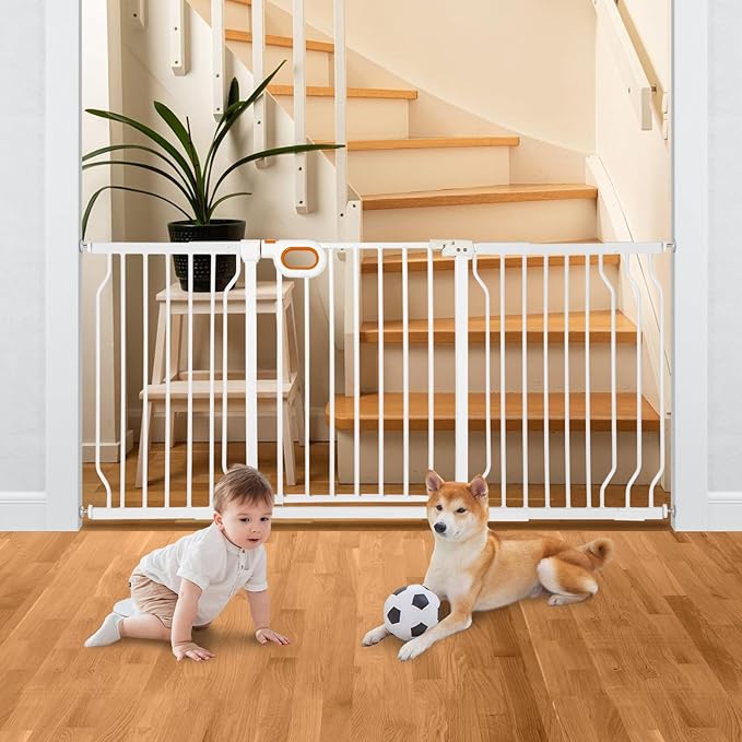 Stair Baby Gate 57-66 Inch, Extra Wide Safety Gate for Baby Pet Adjustable Dog Gates Indoor Extra Wide Gates Pressure Mounted for Toddler Pet for House Stairway Doorway White (30.5'' Tall)