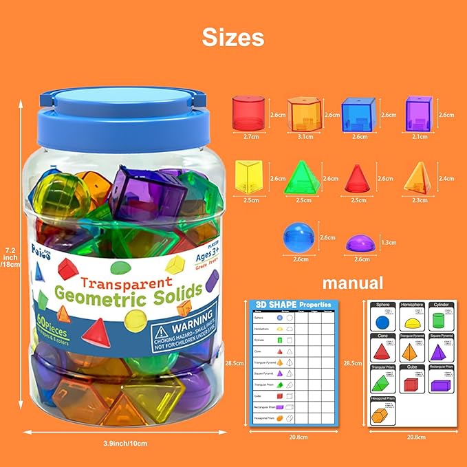 3D Geometric Solids 60 Pcs for Kids Translucent Geometric Shapes for Geometry Beginnings,Light Table Manipulatives Toy Math Helper School Supplies