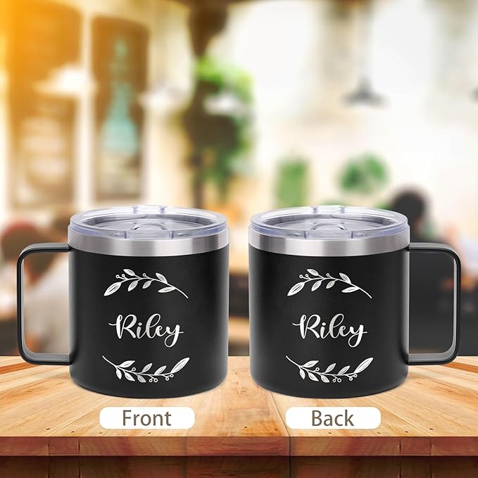 Custom Insulated Coffee Tumbler, Personalized Travel Coffee Mug with Handle and Lid, 14oz Engraved Stainless Steel Coffee Mug, Personalized Gifts for Women Men and Friends