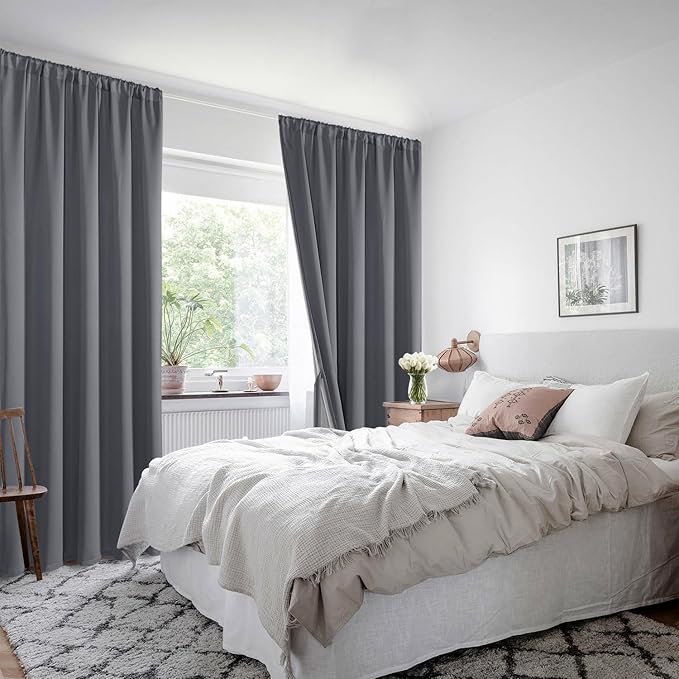 XWZO Extra Wide Full Blackout Curtain - Rod Pocket Thermal Insulated Black Liner, Noise Reducing and Heat Blocking Drapes for Hall and Studio Windows with Tiebacks, Dark Grey, W60 x L63, Set of 2