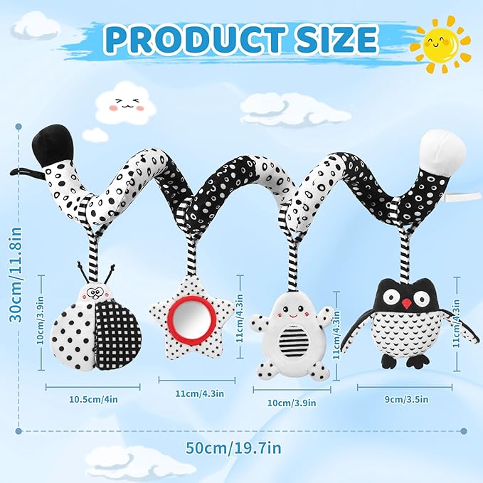 High Contrast Baby Toys - Black & White Hanging Toys for Car Seat, Stroller & Crib | Newborn Essentials 0-6 Months | Perfect