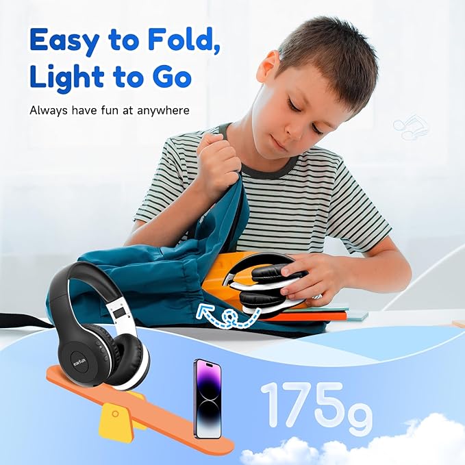 EarFun K2 Kids Bluetooth Headphones, Kids Headphones with Volume Limited, 40H Playtime, Built-in Mic, Stereo Sound, Foldable Over-Ear Headphone for School/Travel/iPad/Tablet, Black