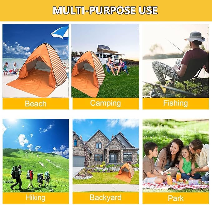 Pop Up Beach Tent Shade Sun Shelter UPF 50+ Canopy Cabana 2-3 Person for Adults Baby Kids Outdoor Activities Camping Fishing Hiking Picnic Touring (Orange Stripes)