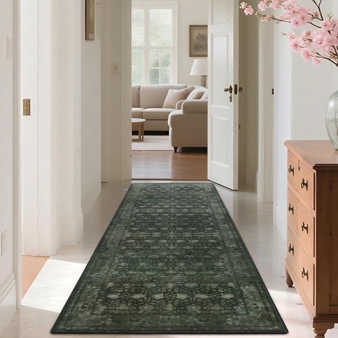 2'6x8' Washable Runner Rug for Hallway, Non Slip Vintage Floral Long Carpet Runners for Entryway, Kitchen, Bathroom, Bedroom, Low Pile Laundry Rugs Rubber Backing (Distressed Green)