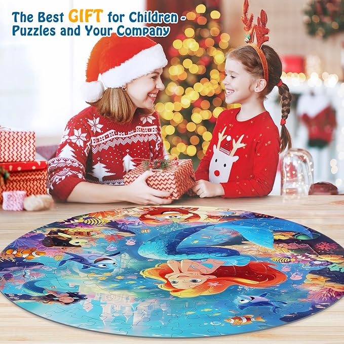 Floor Puzzles for Kids Ages 3-5, 70 Pieces Mermaid Jigsaw Puzzle for Toddler Girls Ages 3 4 5 6 7 8 Year Old, Large Round Underwater Princess Puzzle Educational Learning Toys Birthday Gift
