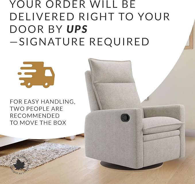 Arya Modern Nursery Glider Recliner Chair – Cozy Nursing Chair with 360° Swivel for New Parents, Gentle Motion, Compact Design, High Back & Low Armrests, Canadian Made (Driftwood/Breather Fabric)
