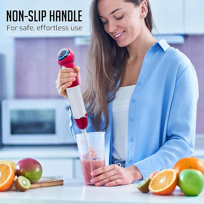 OVENTE Cordless Immersion Hand Blender, 300W Rechargeable Handheld Portable Stick Mixer with Speed Pulse Activating Sensor and Stainless Steel Blades for Smoothies, Shakes or Baby Food, Red HR995R