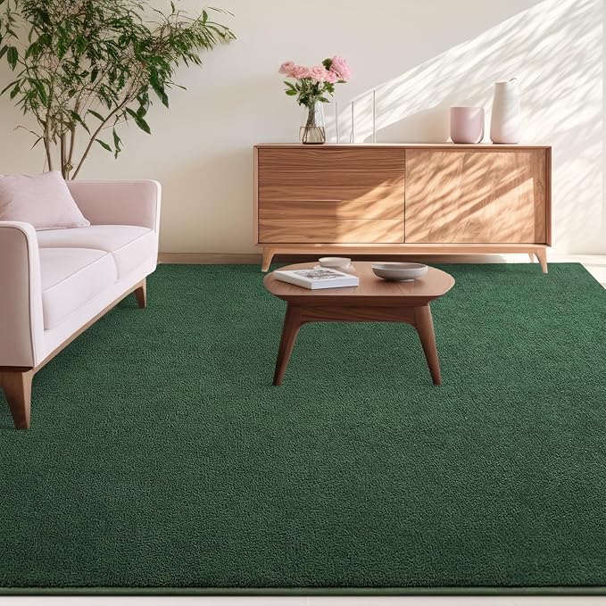 Kimicole 7x10 Washable Area Rugs for Living Room Bedroom, Large Low Pile Ulta-Thin Solid Color Rug, Non-Slip Soft Fluffy Carpet for Nursery Kids Room Dorm Room Home Decor (Dark Green)
