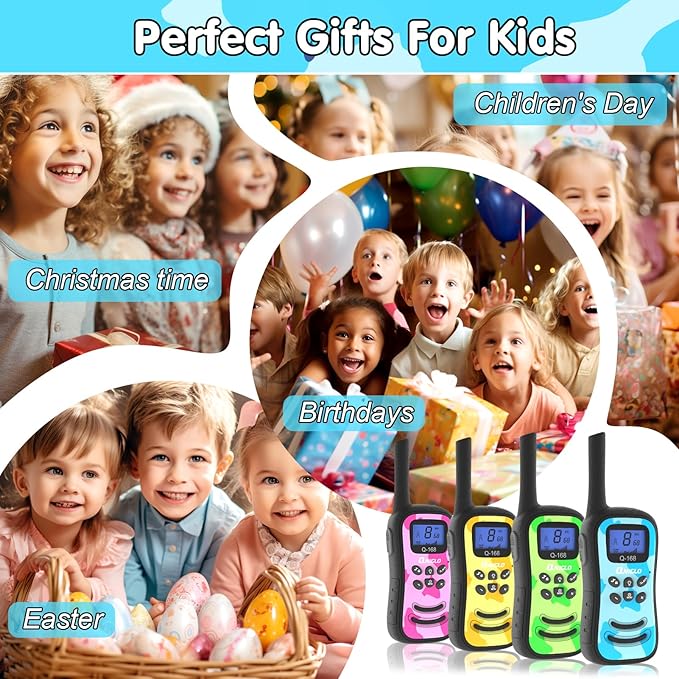 Qniglo Rechargeable Walkie Talkies for Kids with USB Charger, 22 Channels Walkie-Talkies with Lanyard, Camo Toys Gifts 4 Pack Walky Talky for Camping Hiking Family Games, for Age 3 4 5-12 Boys Girls