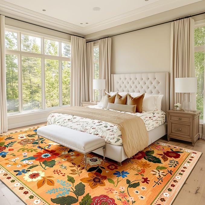 Floral 8x10 Area Rug Machine Washable Soft Print Boho Carpet Non Slip Doormat Low Pile Flower Area Rugs for Living Room Bedroom Nursery Kitchen Dining Room Indoor-Yellow/Orange