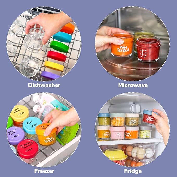 WeeSprout Glass Baby Food Storage Jars w/Lids (4 oz, 6 Pack Set) Snack, Puree, Reusable Small Containers, Breast Milk, Fridge or Freezer, Microwave & Dishwasher Safe, Essential Must Have for Infants