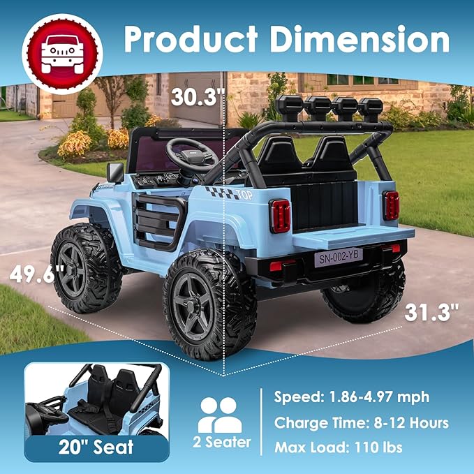 24V 2 Seater Ride On Truck with Remote Control 4WD Electric Car for Kids Ride On Car Battery Powered Ride On Toy Car with Music Player, LED Lights, Bluetooth, Rear Shock Absorber, Gray Blue