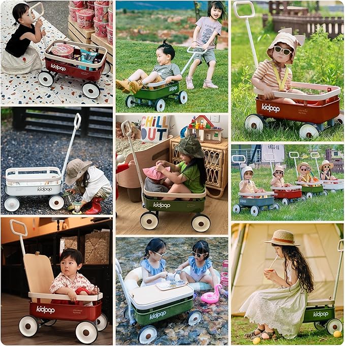 kidpop PULA-Wild 3-in-1 Kids' Pull-Along Wagon Toddlers Push Walker for 2.5-8, Removable Wooden Cover and Adjustable Handlebar, Birthday Gifts Max Weight 33 lbs (Red)