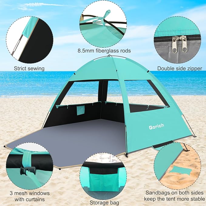 Gorich Beach Tent Sun Shelter for 3/4-5/6-7/8-10 Person with UPF 50+ UV Protection, Lightweight & Easy Setup Beach Shade Canopy, Portable Beach Shade Tent Beach Cabana
