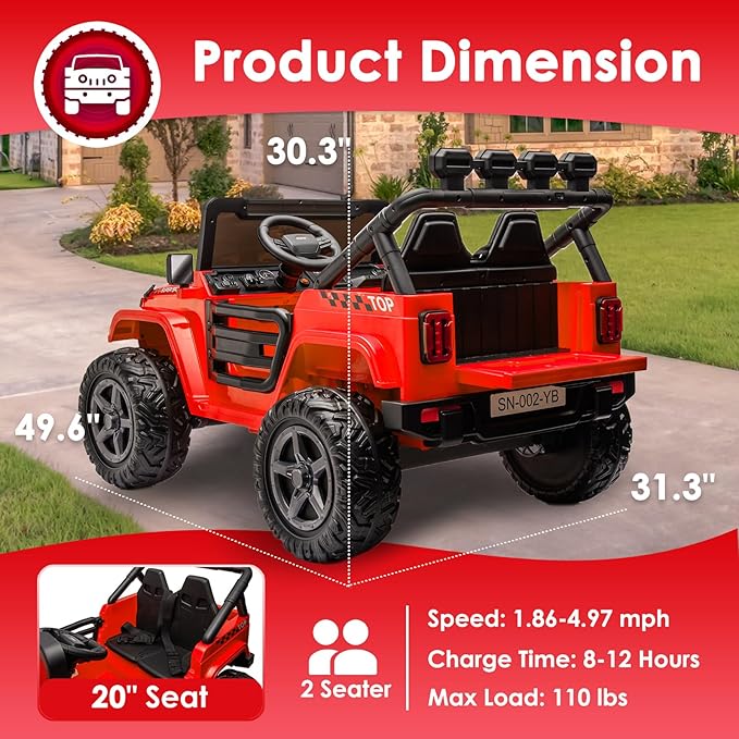 24V 2 Seater Ride On Truck with Remote Control 4WD Electric Car for Kids Ride On Car Battery Powered Ride On Toy Car with Music Player, LED Lights, Bluetooth, Rear Shock Absorber, Red