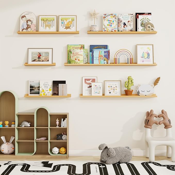 Picture Ledge Shelf, Solid Pine Wood Floating Shelves Set of 2, 32 Inches Nursery Book Shelves for Toys Storage, Kids Bookshelf Wall Mounted for Living Room Bedroom Decor Books Photo Frames, Natural
