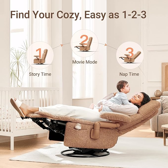 Nursery Swivel Glider Recliner Chair with Adjustable Armrests & Headrest, Rocking Chair Nursery with Removable Cover for Breastfeeding, FSC & Oeko-TEX Certified, Brown