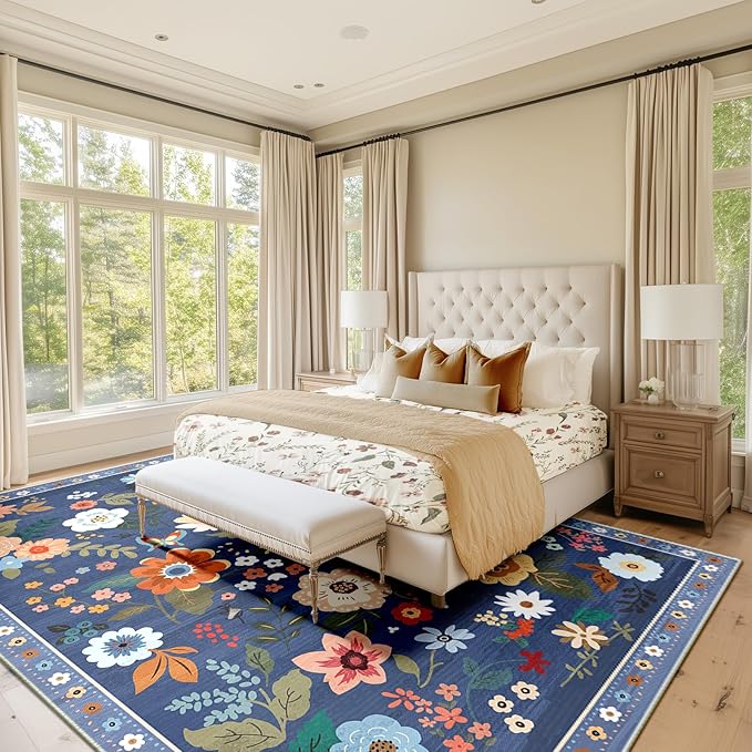 Floral 5x7 Area Rug Machine Washable Soft Print Boho Carpet Non Slip Doormat Low Pile Flower Area Rugs for Living Room Bedroom Nursery Kitchen Dining Room Indoor-Blue/Grey