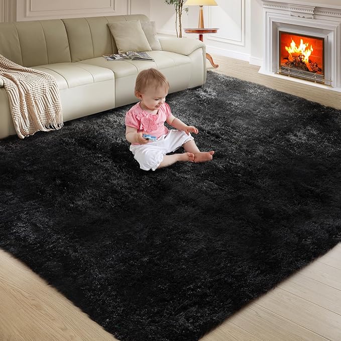 Ultra Soft Rug for Living Room, 3X5 Fluffy Shag Area Rug for Bedroom, Modern Shaggy Carpets Fuzzy Rug for Teens Dorm Nursery Home Decor Aesthetic, Upgrade Anti-Skid Durable, Black