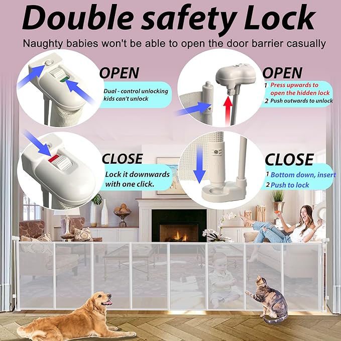 200" Retractable Baby Gates Extra Wide for Large Opening, 41" Extra Tall Retractable Dog Gate Pet Gates, Long Child Safety Mesh Gate with Fiberglass Rods for Stairs, Doorways, Hallways, Indoor/Outdoor