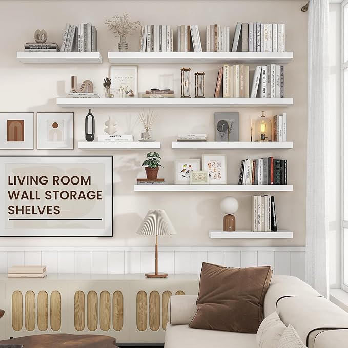 Floating Shelves for Wall, 2 Large Wall Mounted Shelves with Invisible Brackets, Long Wood Floating Wall Shelf Shelves for Living Room, Bedroom, Kitchen, (White, 36" W x 9" D x 1.5" H)