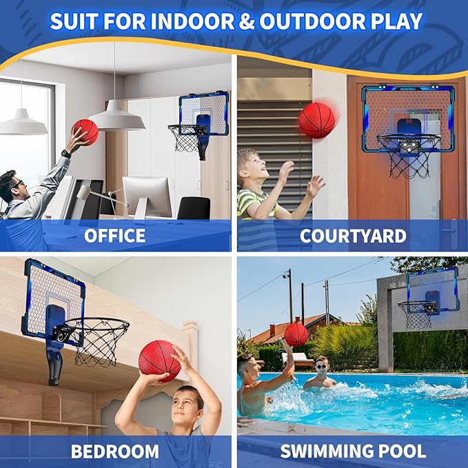 Remote Control Basketball Hoop Indoor with 7 LED Lighting, Mini Basketball Hoop with Electronic Scoreboard, 3 Modes, Over Door Basketball Hoop, Basketball Toys Sport Gifts for Kids, Adults (Blue)