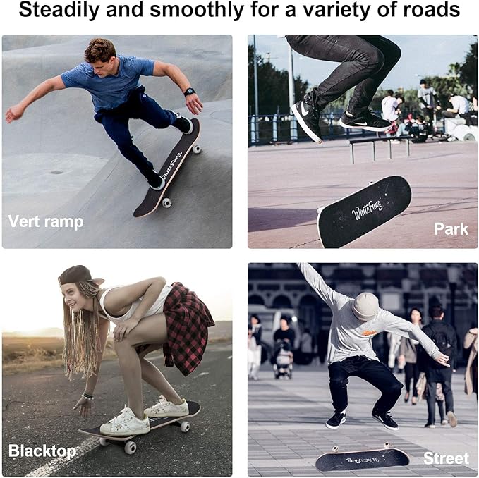WhiteFang Skateboards for Beginners, Complete Skateboard 31 x 7.88, 7 Layer Canadian Maple Double Kick Concave Standard and Tricks Skateboards for Kids and Beginners