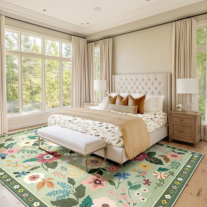 Floral 9x12 Area Rug Machine Washable Soft Print Boho Carpet Non Slip Doormat Low Pile Flower Area Rugs for Living Room Bedroom Nursery Kitchen Dining Room Indoor-Light Green