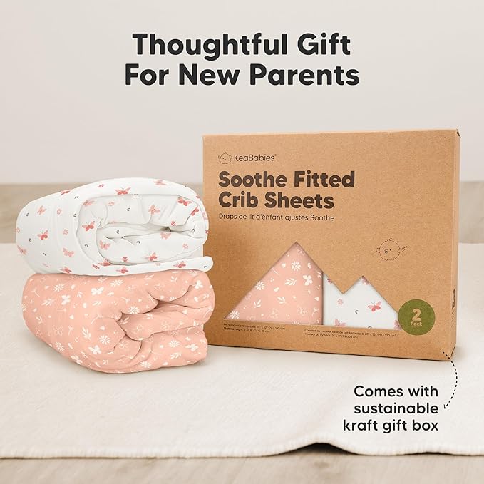 KeaBabies 2-Pack Organic Crib Sheets for Boys, Girls - 52x28 Fitted Crib Mattress Sheet Neutral, Breathable Jersey Cotton Cover for Baby Bed, Toddler Mattress, Soft & Cute Prints (Butterflies)