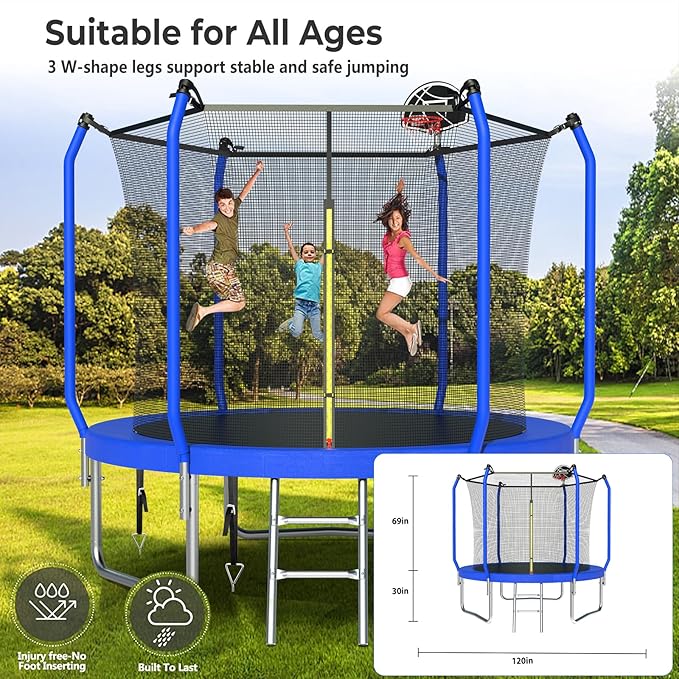 Upgraded Trampoline 8FT/10FT/12FT/14FT With Basketball Hoop, Light, Sprinkler, Stakes - Outdoor Backyard for 4-6 Kids and Adults