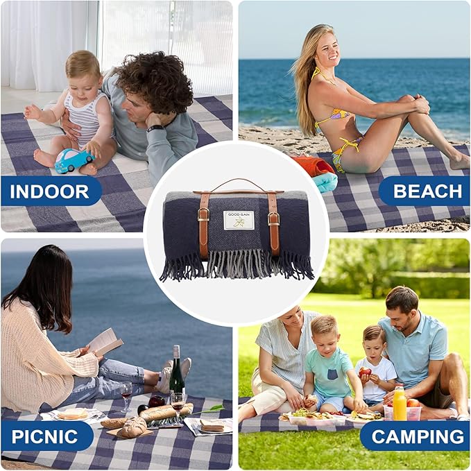 G GOOD GAIN Waterproof Picnic Blankets- Extra Large Outdoor Blanket Foldable, Beach Blanket with PU Handles, Sandproof Picnic Mat for Hiking, Camping, Lawn, Park, Grass.GreySquare