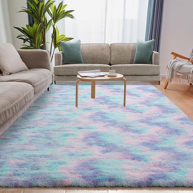 Rainbow Rug for Girls Room, 5x7 Fluffy Area Rugs for Bedroom, Colorful Kids Rug Cute Anti-Skid Indoor Carpet for Nursery, Living Room, Playroom, Home Decor