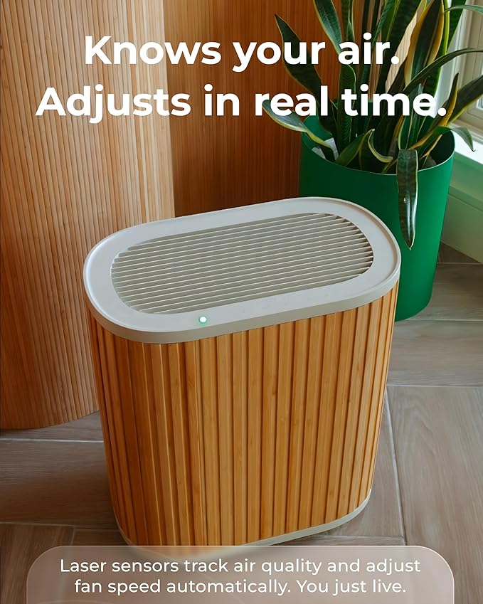 Windmill Air Purifier for Home - 3-In-1 Filtration for Smoke & More - True HEPA Filter, Activated Carbon, & Pre-Filter - Covers Up To 1950 sq ft - Ultra-Quiet - App Compatible - Bamboo