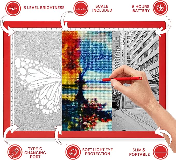 iVyne Rechargeable A4 Light Pad for Tracing & Weeding - LED Light Board for Weeding Vinyl - for Cricut Vinyl Weeding Tools - Ultra-Thin & Portable - Perfect for Artists & Crafters - Red