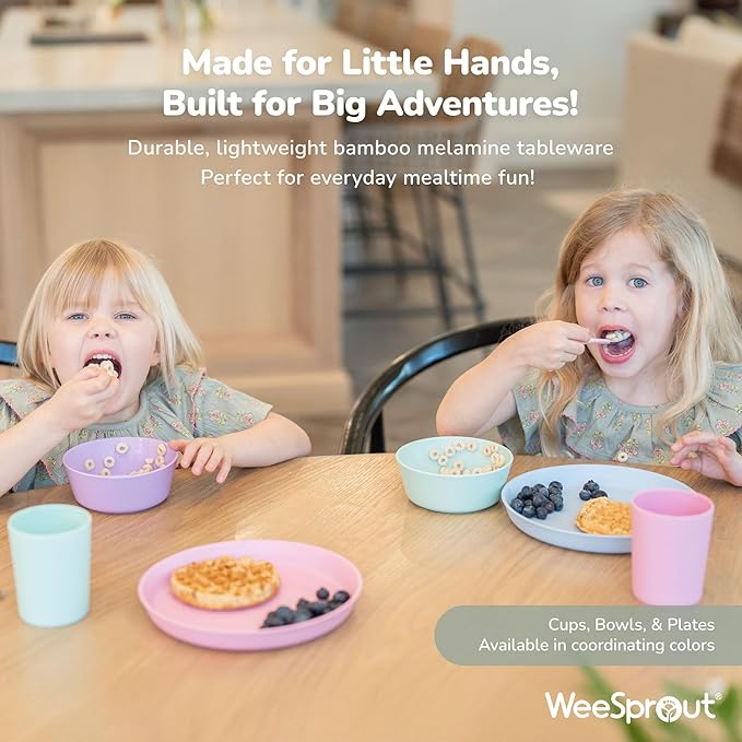 WeeSprout Bamboo Kids Bowls, Set of Four 10 oz Kid-Sized Bamboo Bowls, Dishwasher Safe Kid Bowls (Blue, Green, Gray, & Beige)