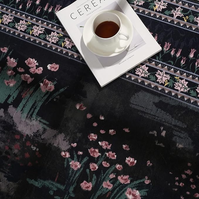 5x7 Area Rugs Impressionist-Style Vintage Washable Area Rug Non Slip Low Pile Large Rugs for Living Room Bedroom Farmhouse Dining Room Kids Playroom, Black