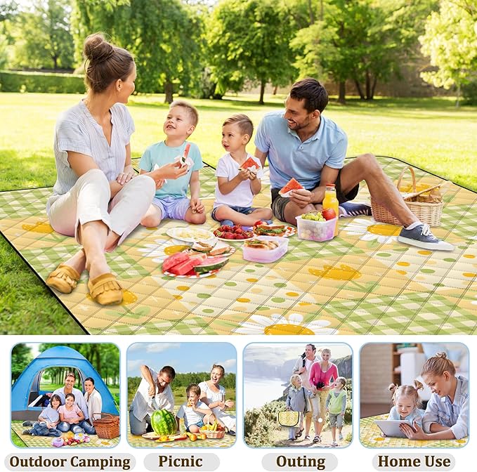 Extra Large Picnic Blanket Waterproof,80"x 80"Foldable Machine Washable Beach Blanket,Outdoor Blanket for 6-8 Adults,Suitable for Indoor Crawling,Park Beach,Camping,Hiking,Family Travel(Sunflower)