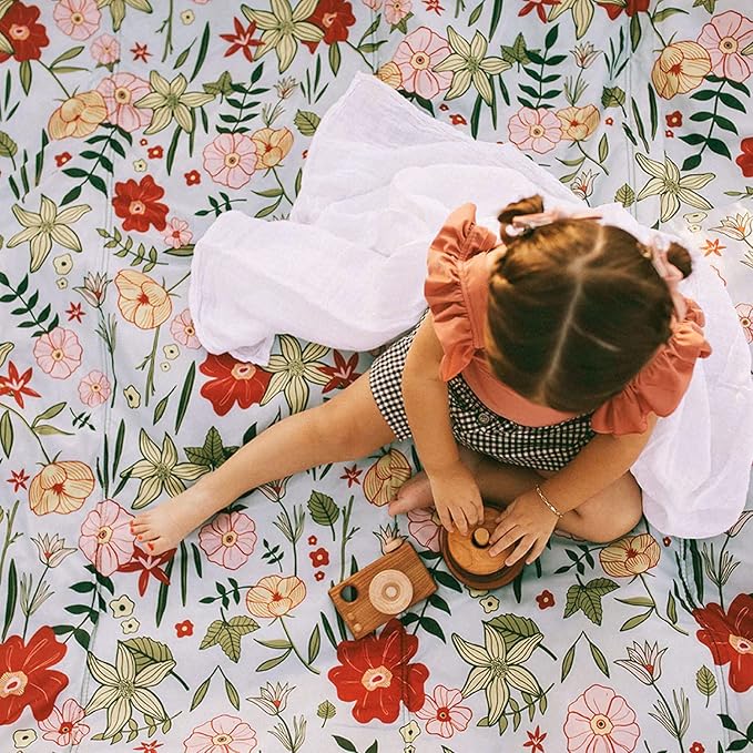 Little Unicorn 5'x10' XL Outdoor Family Picnic & Beach Blanket | Durable & Water-Resistant Fabric | Compact Fold & Easily Wipes Clean | Zipper Pocket (Primrose Patch)
