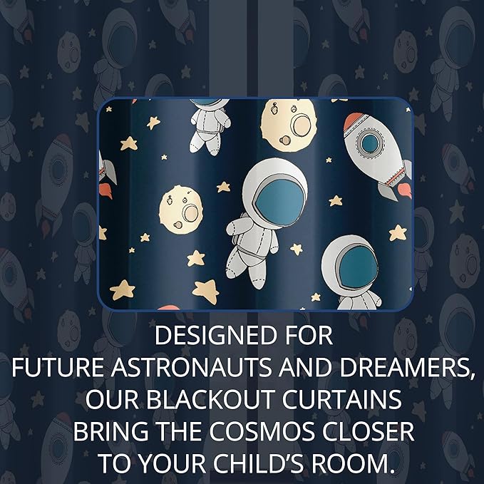 Kids Space Astronaut Planets Rockets Blackout Curtains - 100% Blackout, Thermal Insulated, Noise Reducing, for Kids Room and Nursery, 2 Panels (Astro Buddy Rockets, W52×L63)